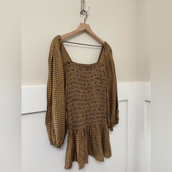 Urban Outfitters Cognac Brown Francis Plaid Puff Sleeve Mini Dress Size Medium - Picture 4 of 11